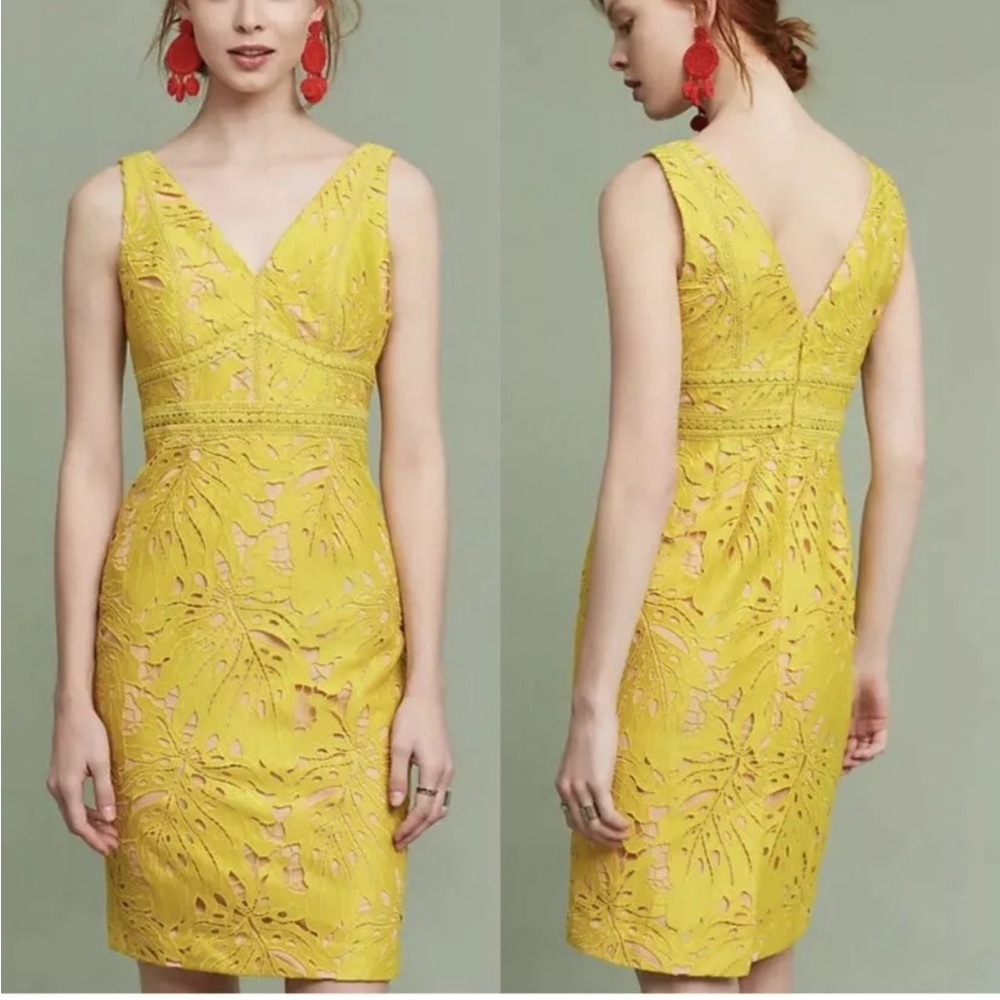 Anthropologie MAEVE Gardenia Lace Column sheath yellow cutwork dress